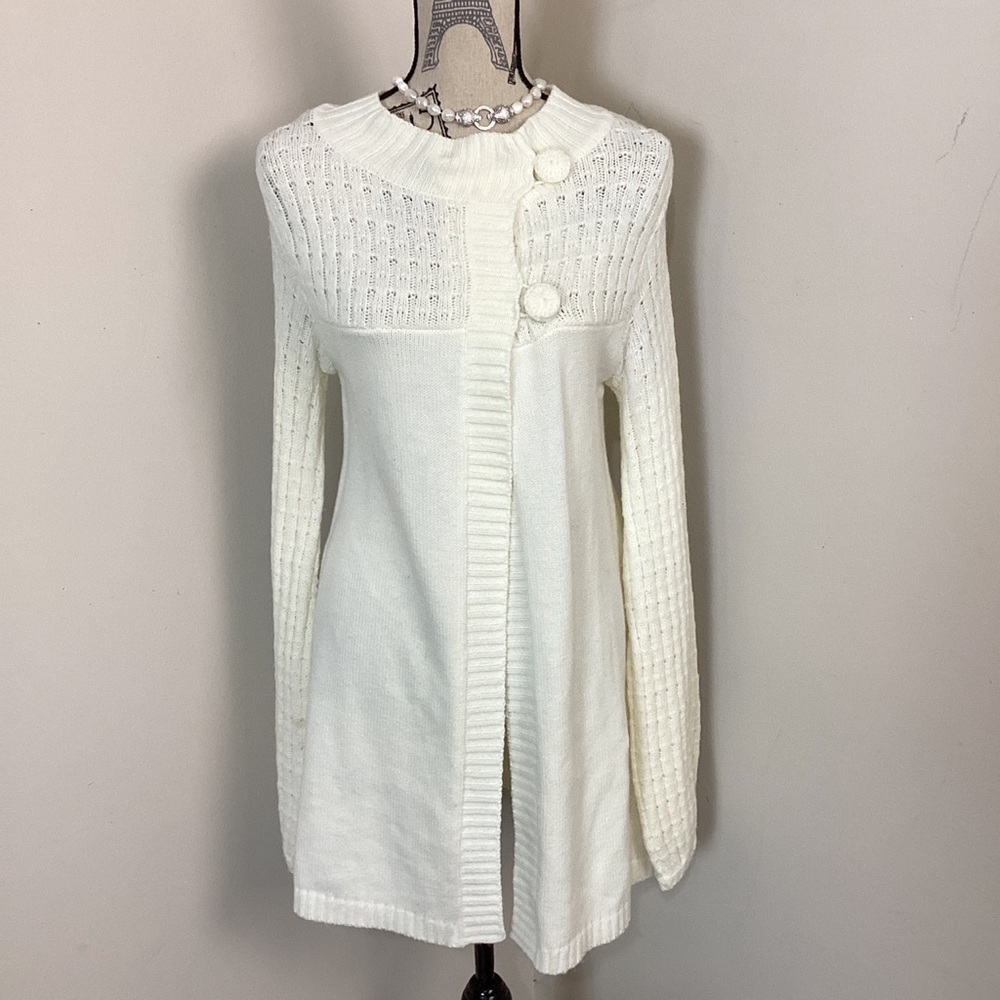 Women’s 2 Cream 2Big Button Cardigan almost Dress Coat/Jacket Long Puff Sleeves
